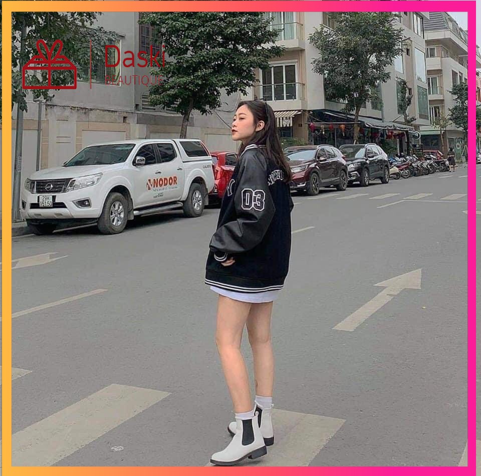 ÁO BOMBER PHA TAY DA NY/ ÁO KHOÁC DA BOMBER TAY BÓNG CHÀY NEW YORK 03 PHỐI NỈ KHUY BẤM