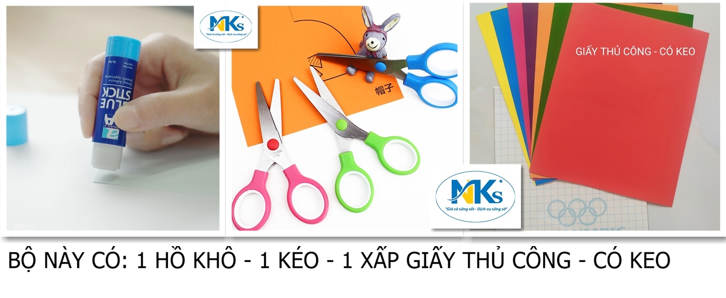 Bộ giấy thủ công có keo 7 tờ olympic + kéo + hồ dán tùy chọn