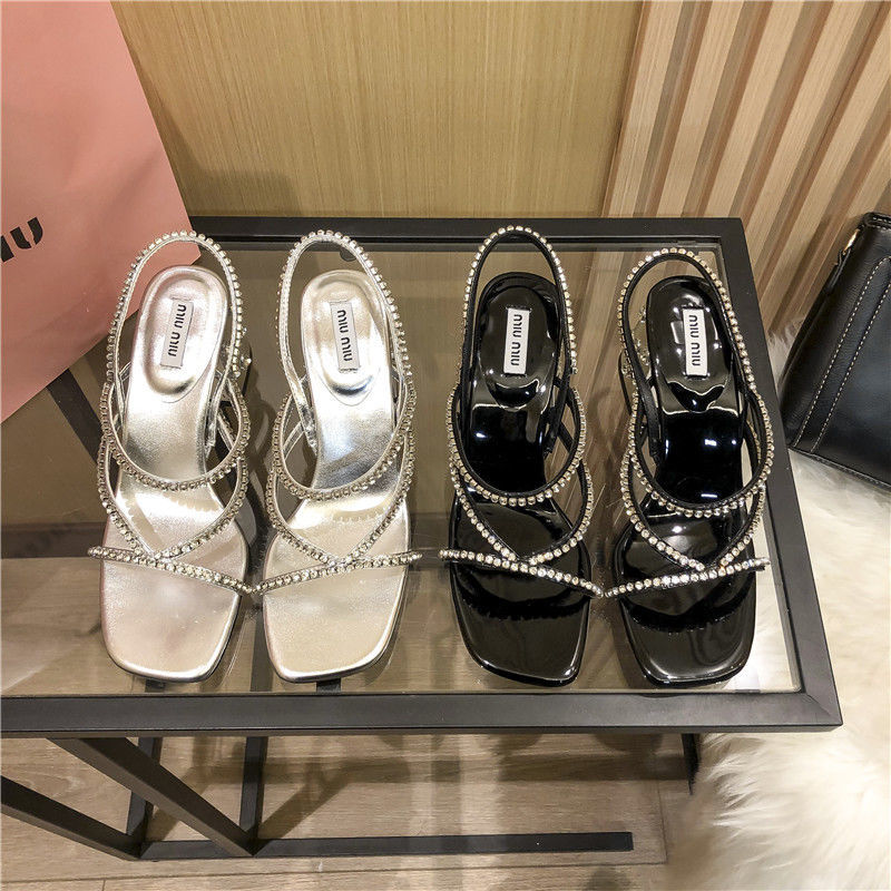 2023 new sexy chunky heels one word buckle sandals cross open toe rhinestone sandals