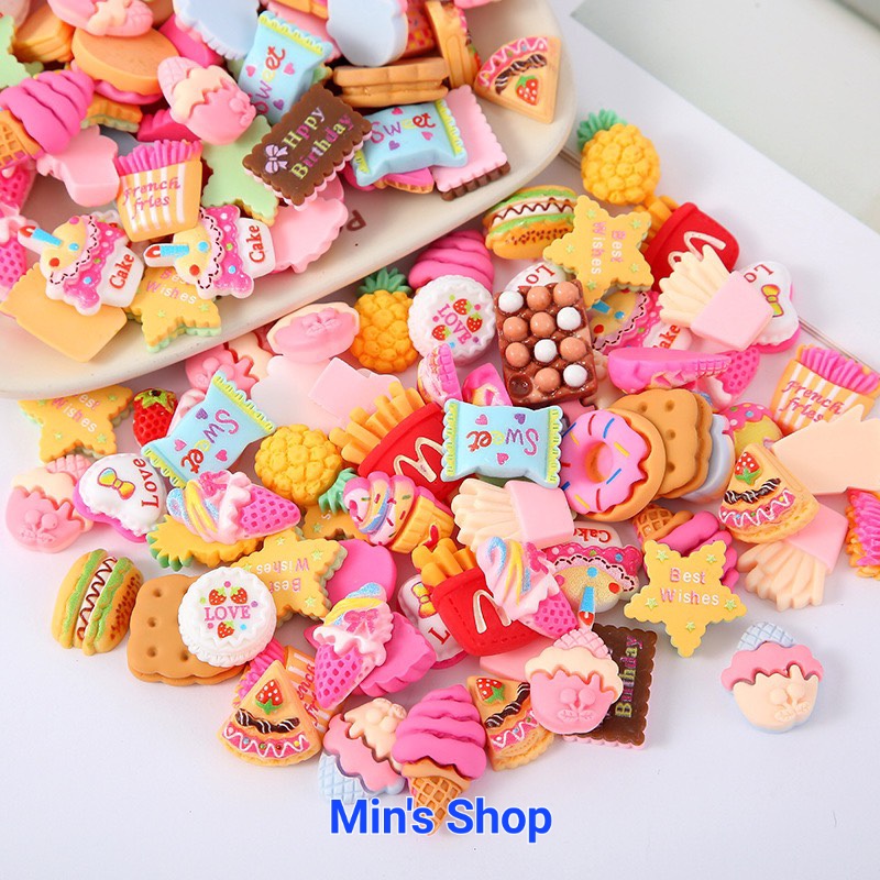 TẶNG KEO Set 100 charm/center hình kem, bánh siêu dễ thương dùng làm slime, dán ốp, phụ kiện,..