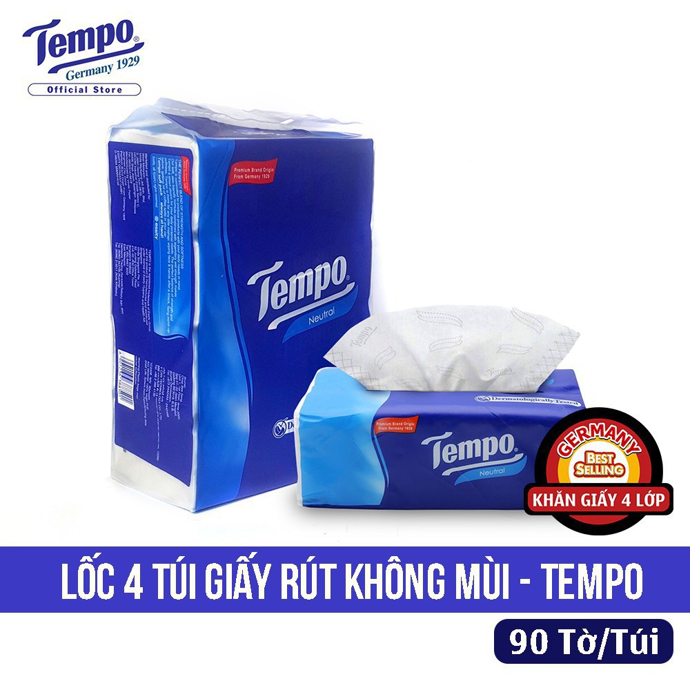 Lốc 4 gói khăn giấy rút Tempo Softpack Neutral Không mùi 90 Tờ/Gói