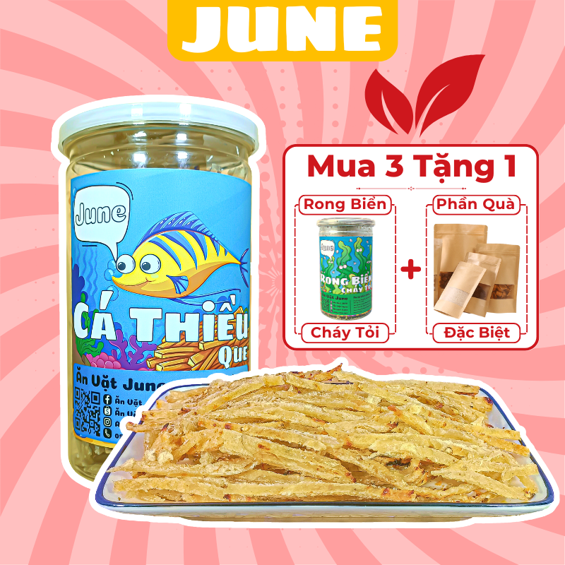 Khô cá thiều tẩm gia vị hộp 250gr, cá thiều que nướng tiêu thơm ngon ăn liền, đồ ăn vặt June ngon bổ rẻ