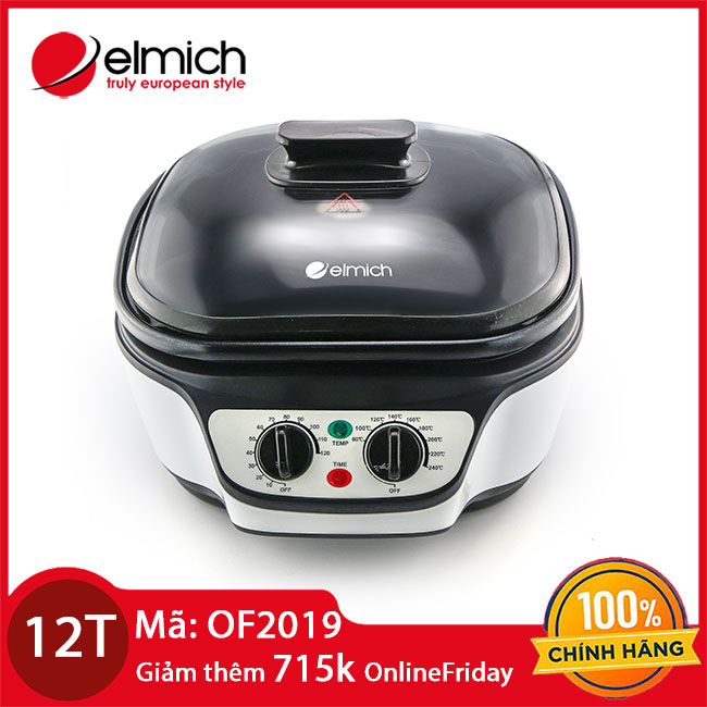 Nồi lẩu điện đa năng 8 trong 1 Elmich 4023517,  bảo hành 12 tháng - Luộc, Chiên, Xào, Nướng, lẩu, Hấp, Hầm - Tặng kèm vỉ chiên Inox