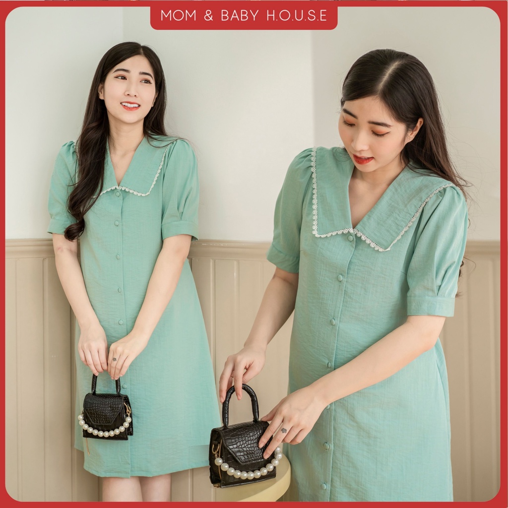 Đầm bầu công sở dáng sơ mi tay phồng nút bọc - Emi Dress