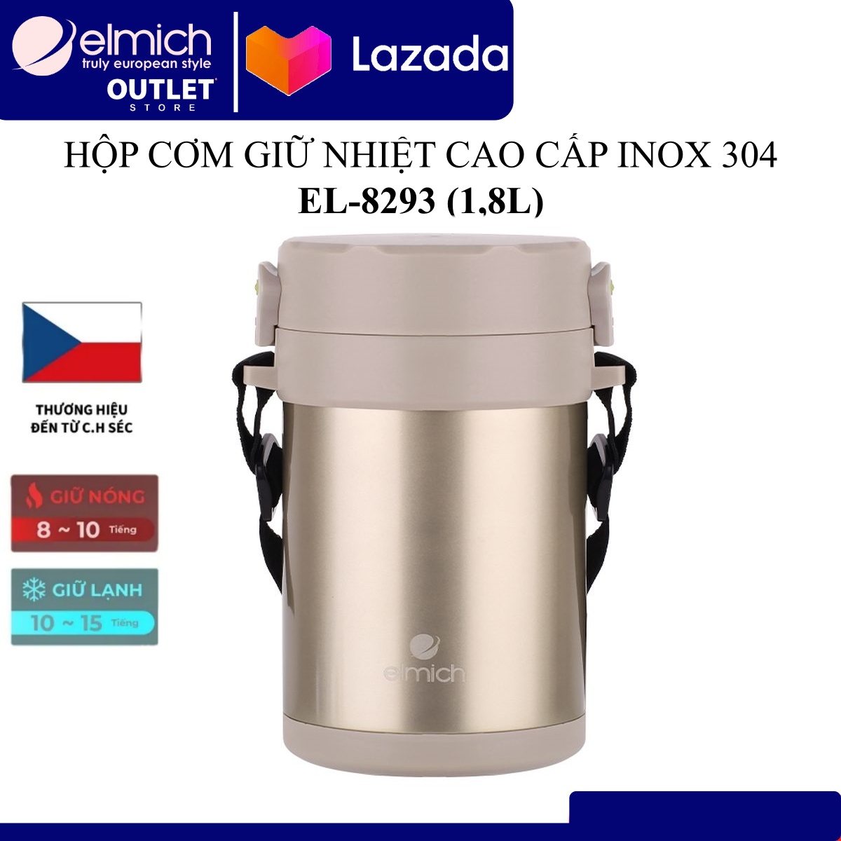Hộp cơm giữ nhiệt văn phòng Inox 304 Emich EL8293 (Dung tích 1.8 Lít, Mầu Vàng Kem, Giữ nóng 8 tiếng lạnh 12 tiếng)