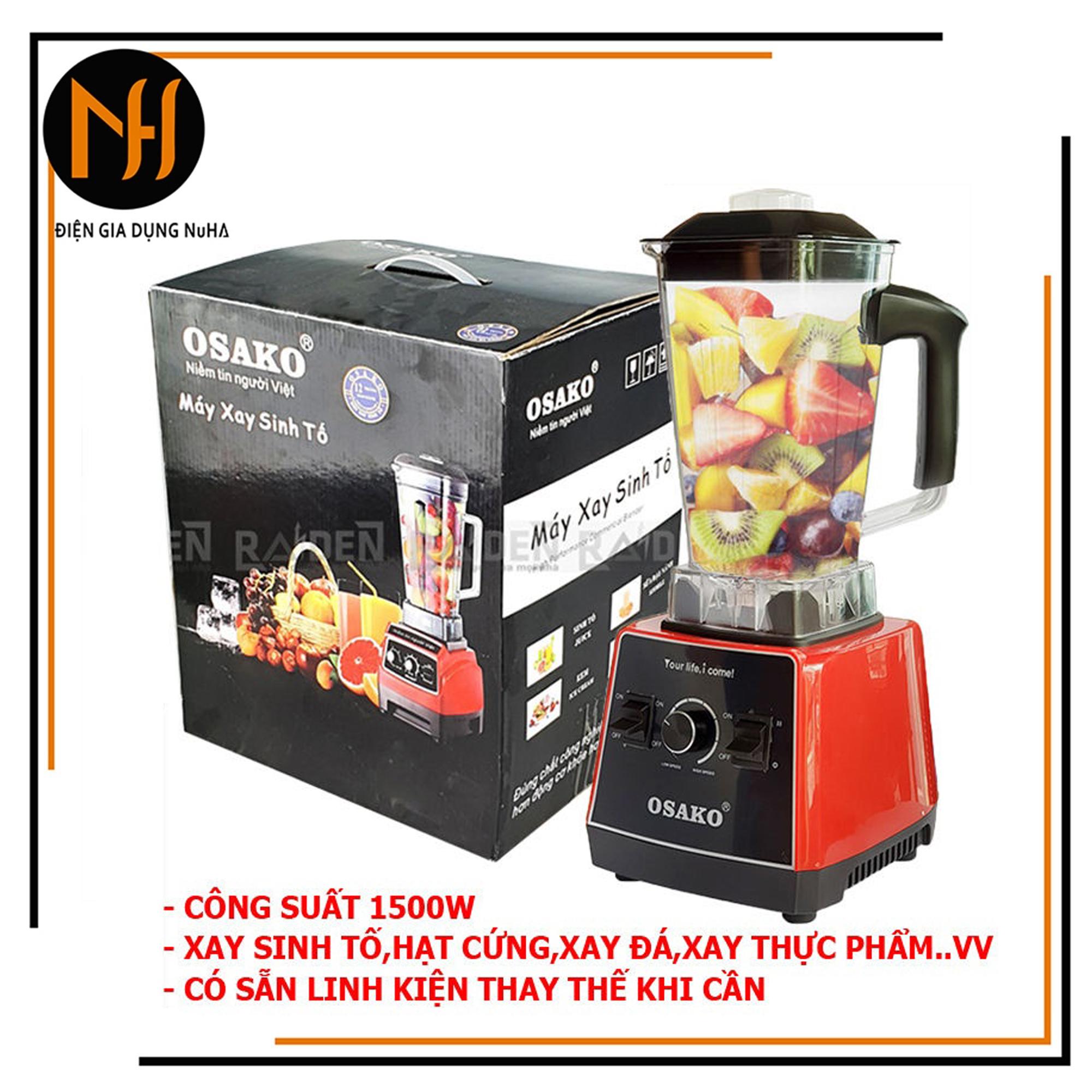 Máy xay sinh tố xay đá công nghiệp đa năng OSAKO OS-1500 công suất 1500W cực mạnh cực nhuyễn bảo hành 12 tháng màu ngẫu nhiên