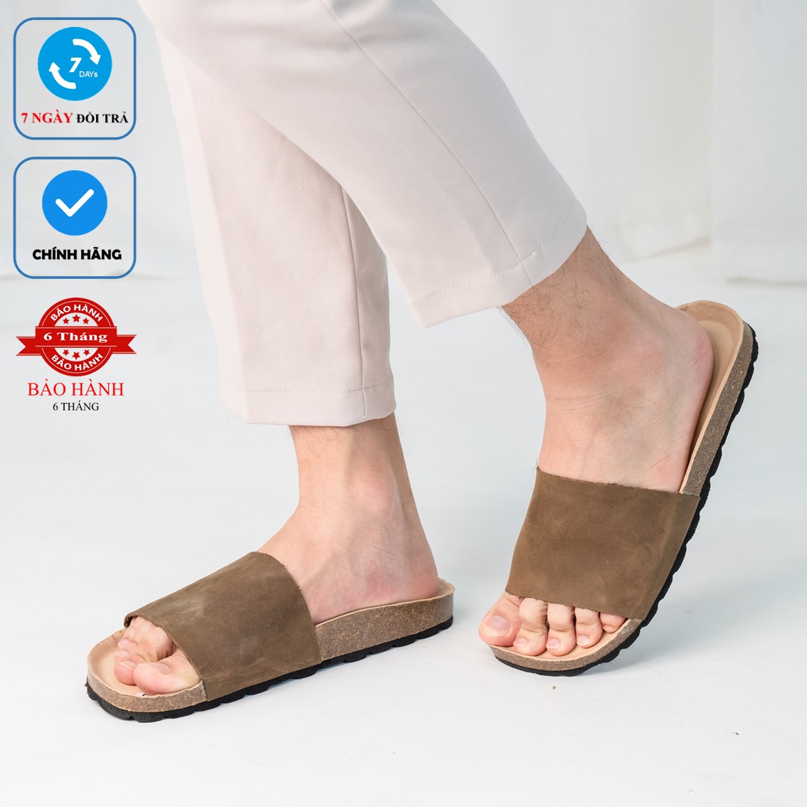 [ DA BÒ THẬT ] D05 - Dép Da Bò Đế Trấu Quai Ngang Nguyên Tấm Unisex Nam nữ Birken Vietnam Bioline