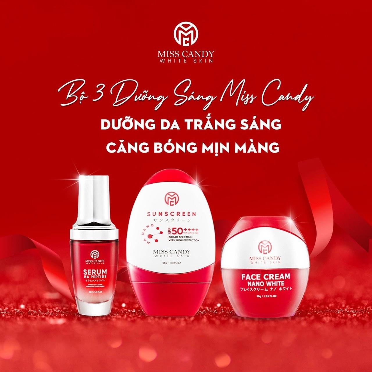 [MISS CANDY] Bộ 3 Sản Phẩm Trắng Da Mờ Thâm, Sạm, Nám, Tàn Nhang Giúp Tái Sinh Làn Da MISS CANDY Gồm Serum HA Peptide 30ml + Kem Dưỡng Trắng Da Face Nano 30g + Kem Chống Nắng Dưỡng Trắng Da 50g - Gia Tuệ House