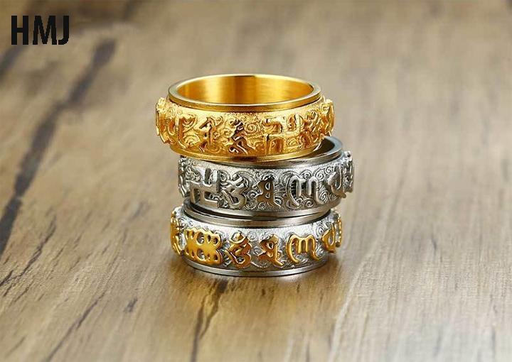 Nhẫn phong thủy titan vàng câu chú om mani padme hum hmj088 .