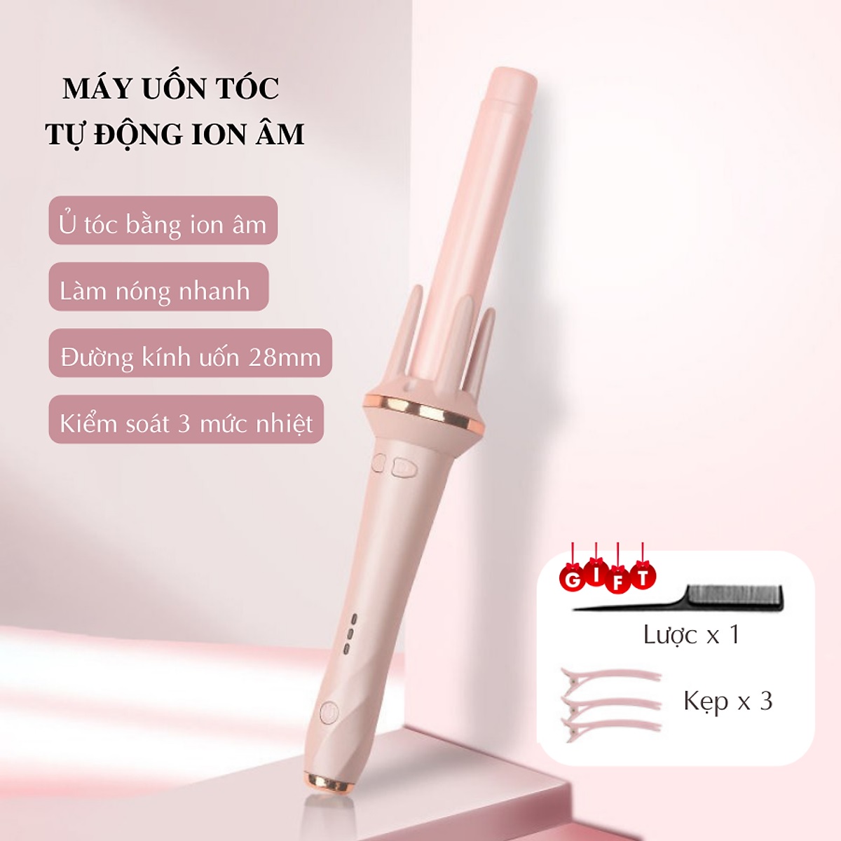 Máy uốn tóc xoăn tự động xoay 360 gobos chất liệu gốm sứ khuếch tán ion âm giúp bảo vệ tóc, tránh hư tổn