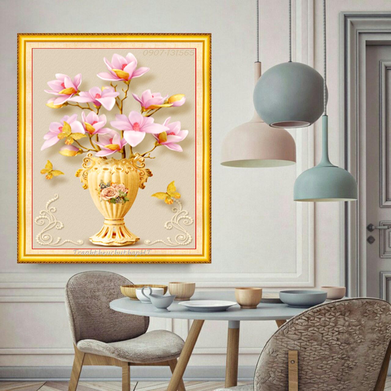 [HCM]Tranh đính đá Bình hoa Lan hồng tuyệt đẹp LV459 - tự đính