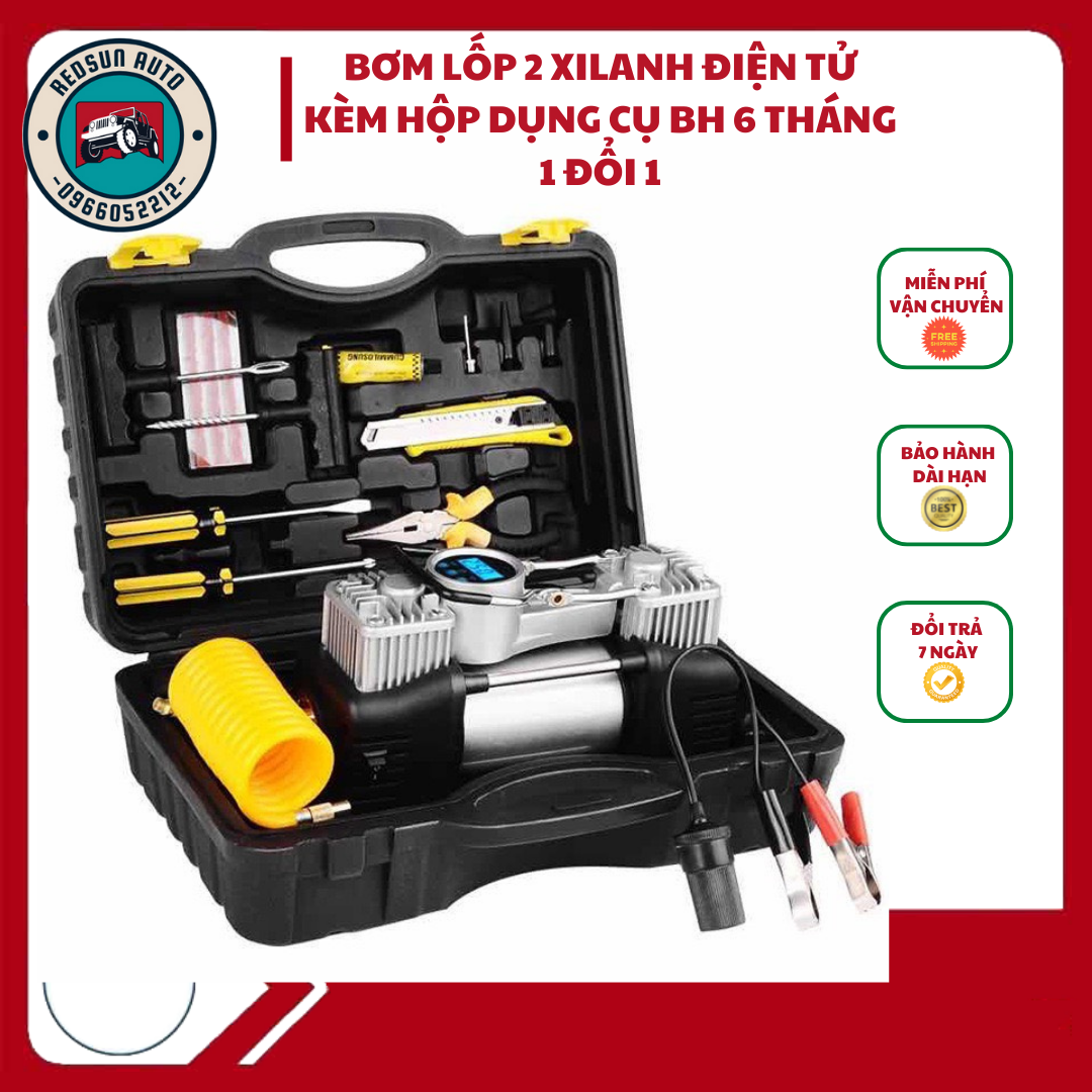 Bơm Lốp Ô Tô, Xe Hơi 2 Xi Lanh Mặt Điện Tử Tự Ngắt, Công Suất Lớn, Bơm Cực Khỏe, Nhanh KÈM HỘP ĐỰNG DỤNG CỤ BẢO HÀNH 6 THÁNG