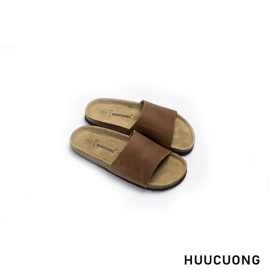 Dép unisex 1 quai da bò nâu đế trấu