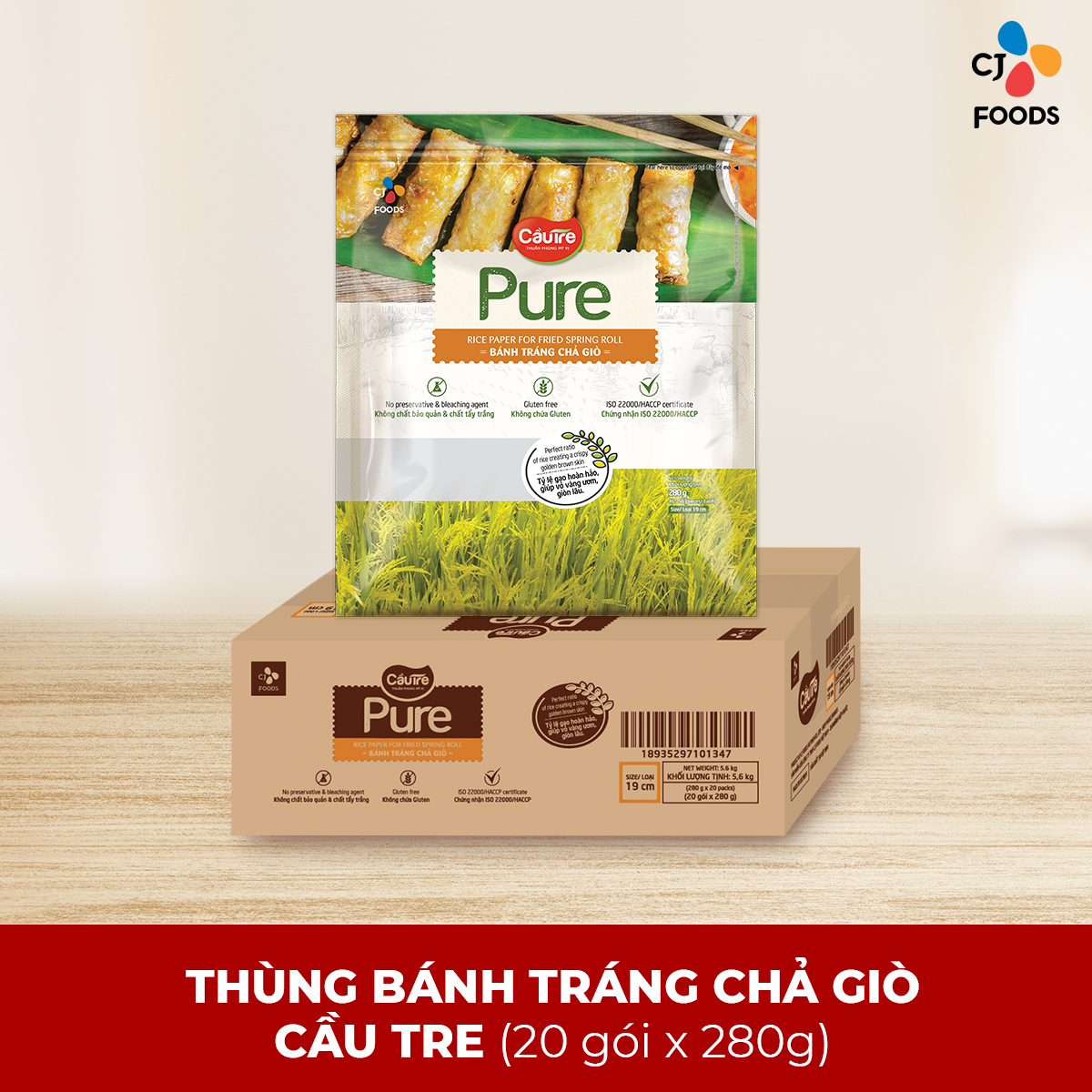 Thùng 20 gói bánh tráng cuốn chả giò cầu tre pure - gói 280g