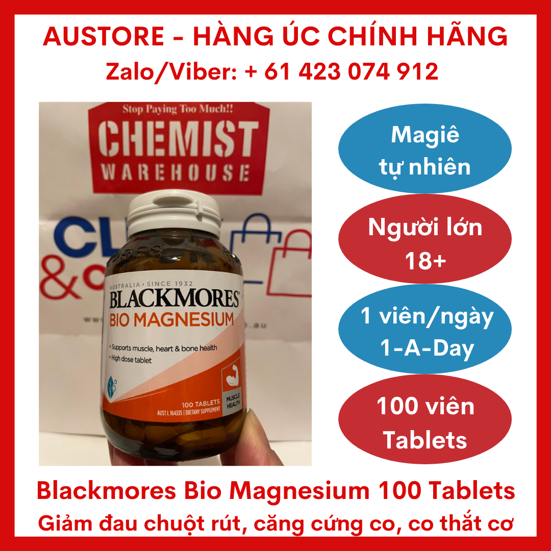 [Bill Úc] Blackmores Bio Magnesium 100 Tablets, 150 Tablets - Viên uống bổ sung magie tự nhiên Blackmores giúp phòng chống & giảm đau chuột rút