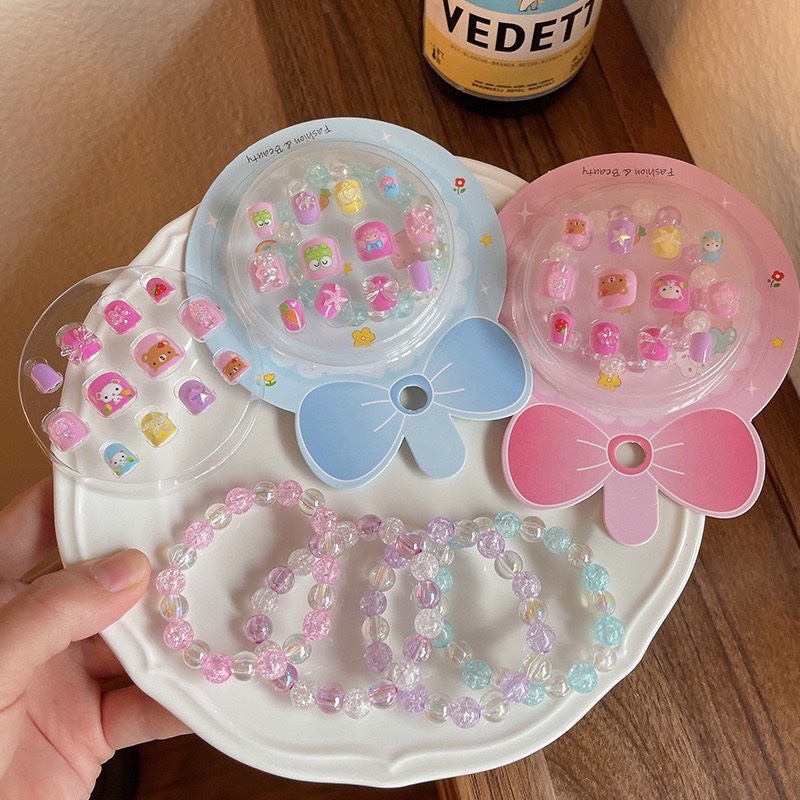 Set 12 Móng Tay Giả Kèm Vòng Tay Cho bé gái (Có keo dán sẵn dưới móng)