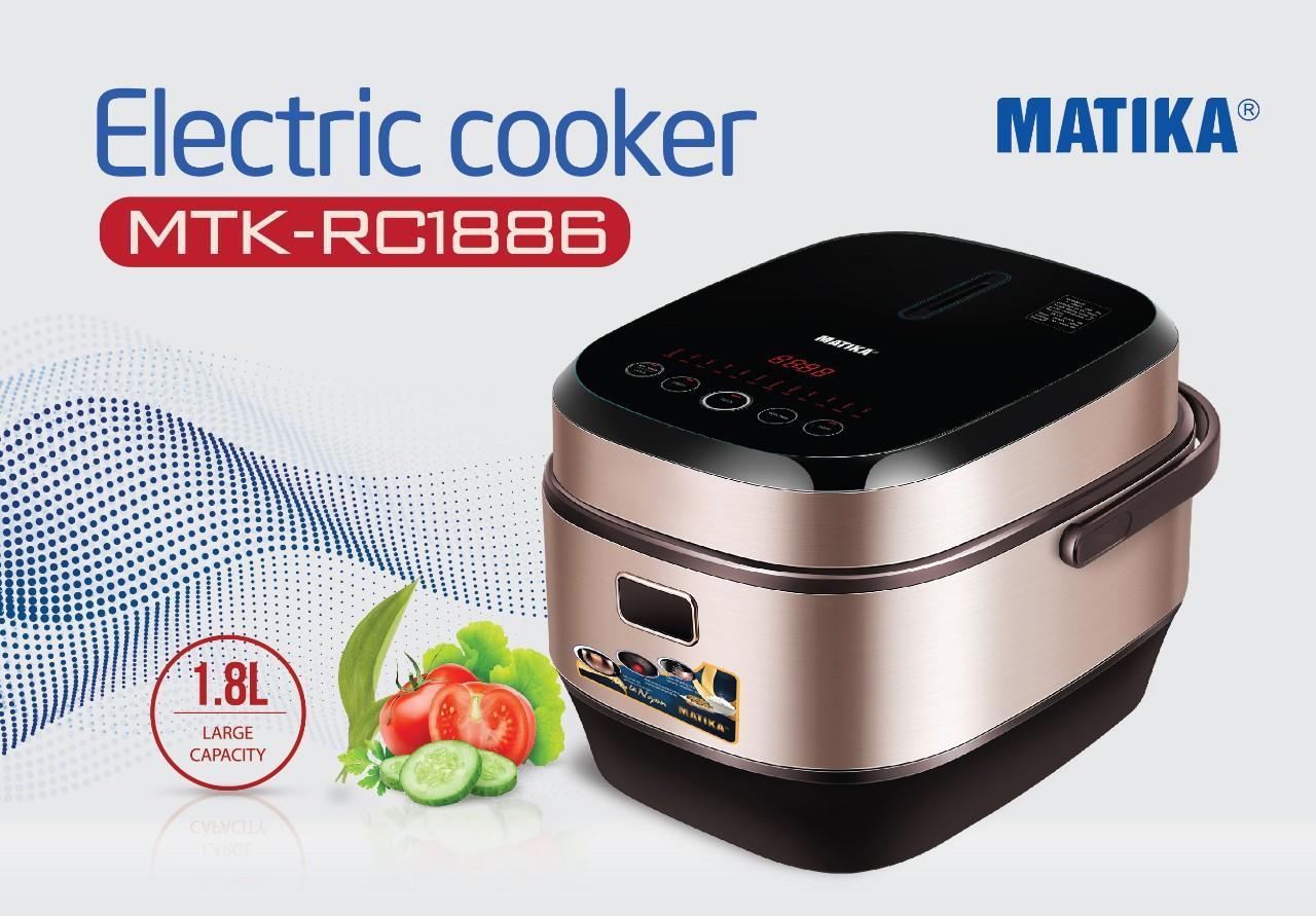 Nồi cơm điện matika 1,8l 860w nắp gài màu nâu đen mtk - rc1886