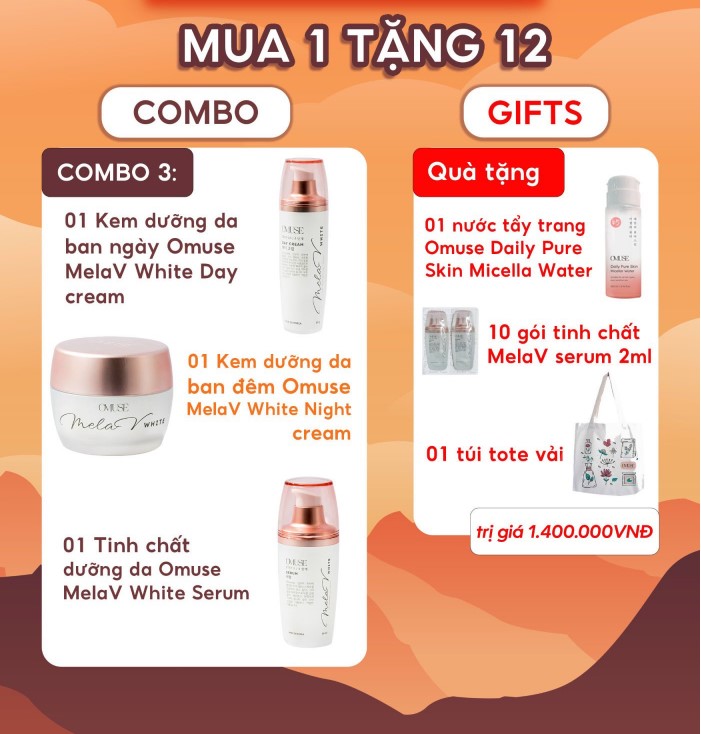 Combo Xóa mờ nám và tàn nhang của Omuse MelaV (Kem dưỡng da ngày+đêm và serum) TẶNG combo quà trị giá 1tr4