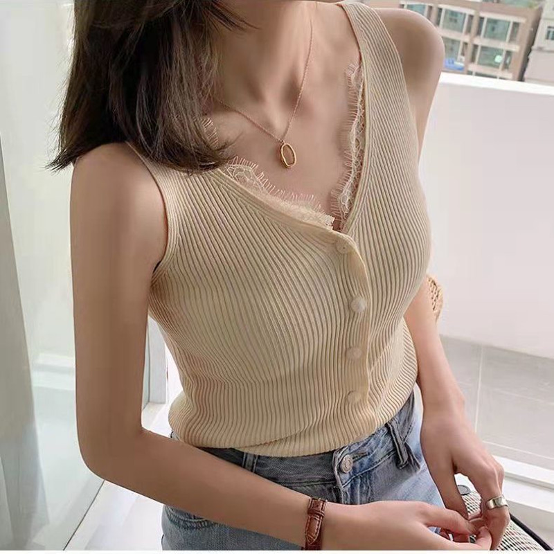 'Hot Hall Y2K áo nịt ngực dễ thương áo ba lỗ hở eo áo hai dây dệt kim ren áo thun ôm gợi cảm áo hai 