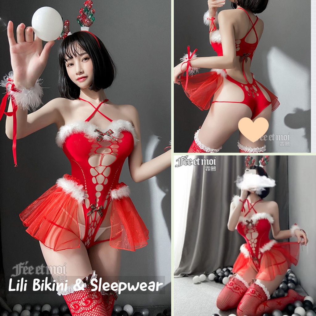Cosplay Giáng Sinh Sexy Áo Kèm Full Phụ Kiện Phối Viền Lông Cao Cấp - Concept Noel, chụp ảnh studio nàng thơ