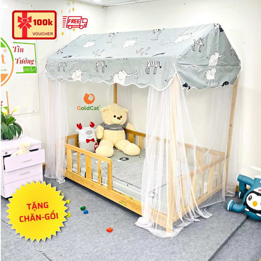 Giường gỗ goldcat cho bé trai hình ngôi nhà, chất liệu gỗ quế tự nhiên, đảm bảo bền chắc, sử dụng từ 3-15 tuổi