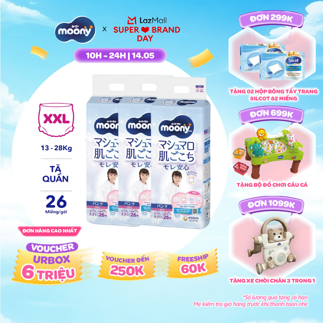 [SALE GIỮA THÁNG tặng QUÀ TO-SLCH] Combo 3 tã quần cao cấp Moony Bé Gái XXL26 miếng - Nhập khẩu từ Nhật Bản