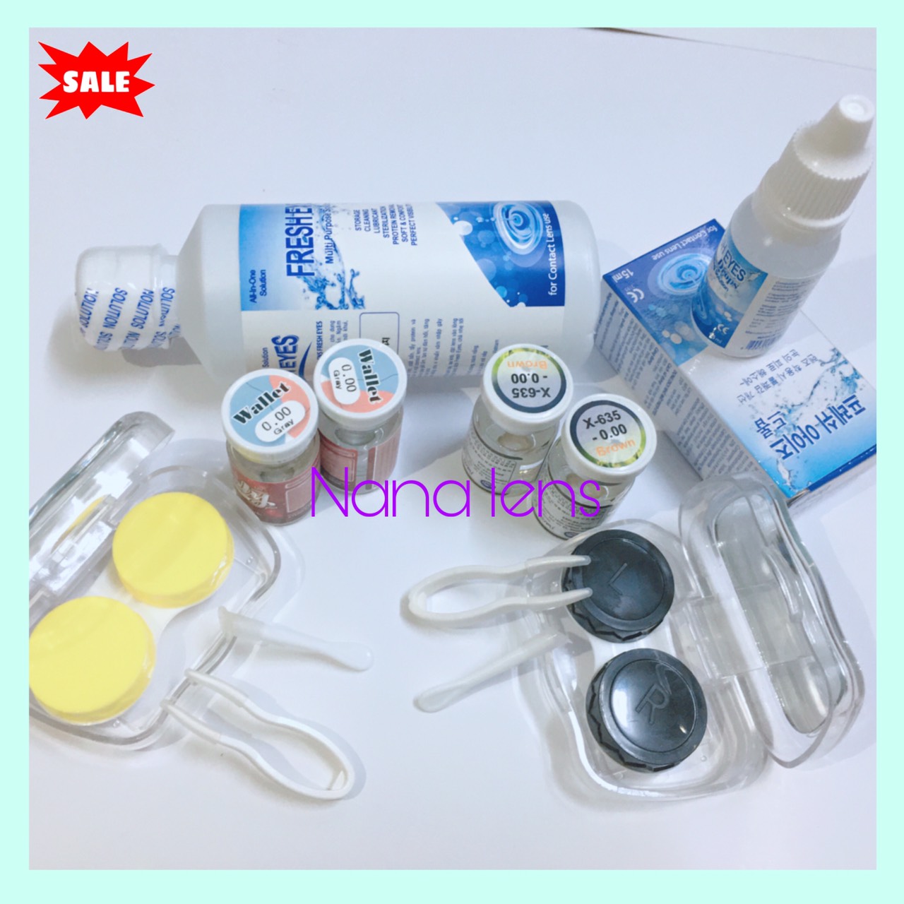 Combo 2 cặp lens - Kính áp tròng ( được chọn mẫu) sử dụng 1 năm. Nước ngâm + nước nhỏ mắt (tặng kèm khay gương và dụng cụ đeo)
