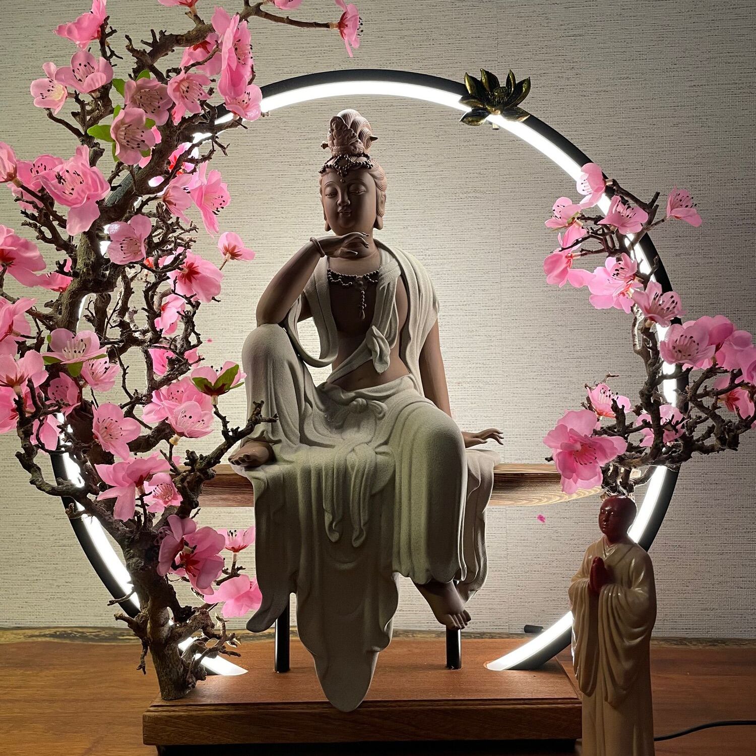 [HCM]Tượng Quán Âm Tự Tại gốm tử sa và khung đèn led