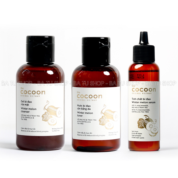 Bộ 3 chăm sóc da mụn Cơ bản gồm Gel rửa mặt + Toner nước bí đao + Tinh chất bí đao Cocoon
