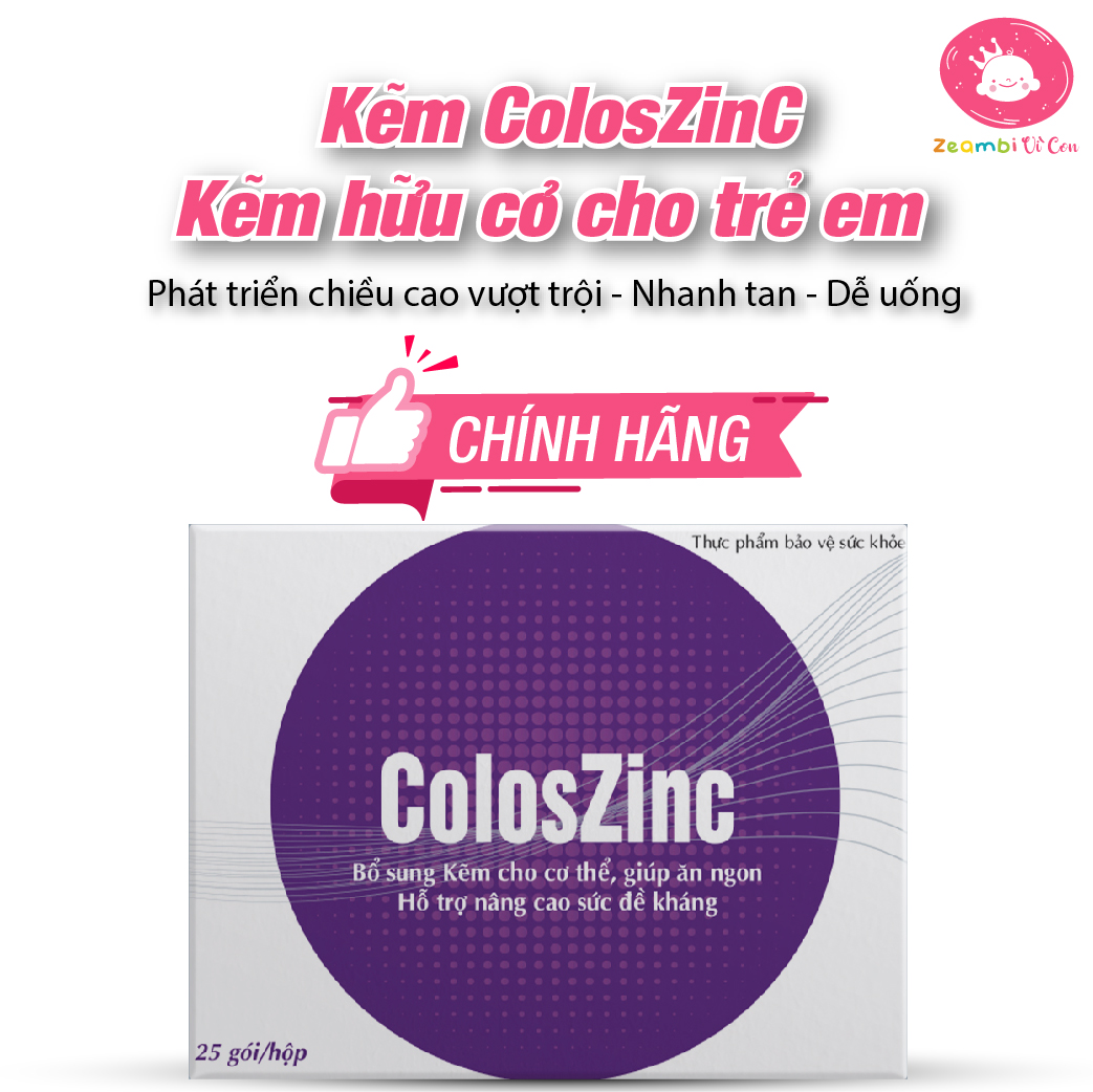 Kẽm hữu cơ coloszinc 25 gói giúp bổ sung kẽm hữu cơ, kích thích vị giác, tăng cường hấp thu, cải thiện biếng ăn, rối loạn tiêu hóa