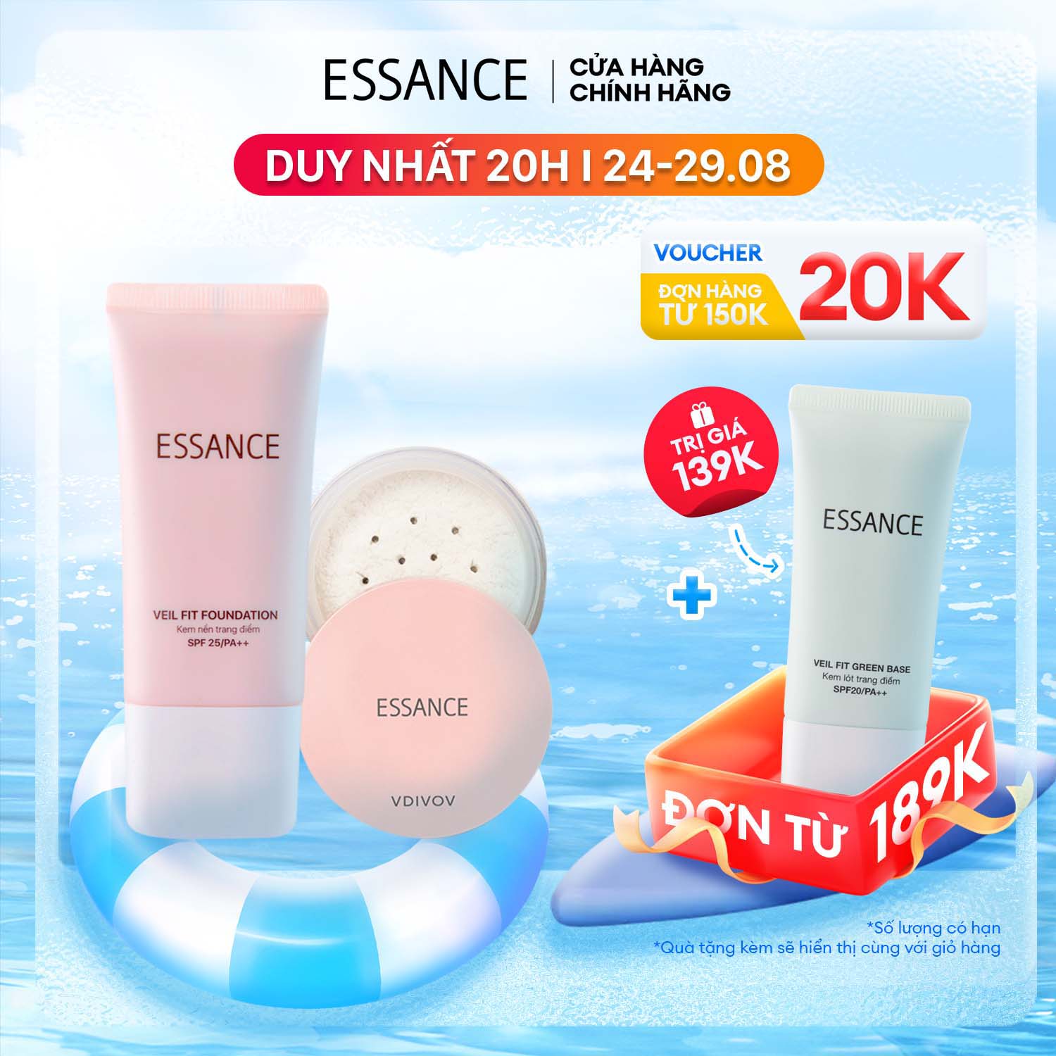 Combo Kem nền bền màu che khuyết điểm toàn diện Essance Veil Fit Foundation SPF25 PA++ 30ml và Phấn phủ kiềm dầu dạng bột đa năng Essance Setting Powder 7g