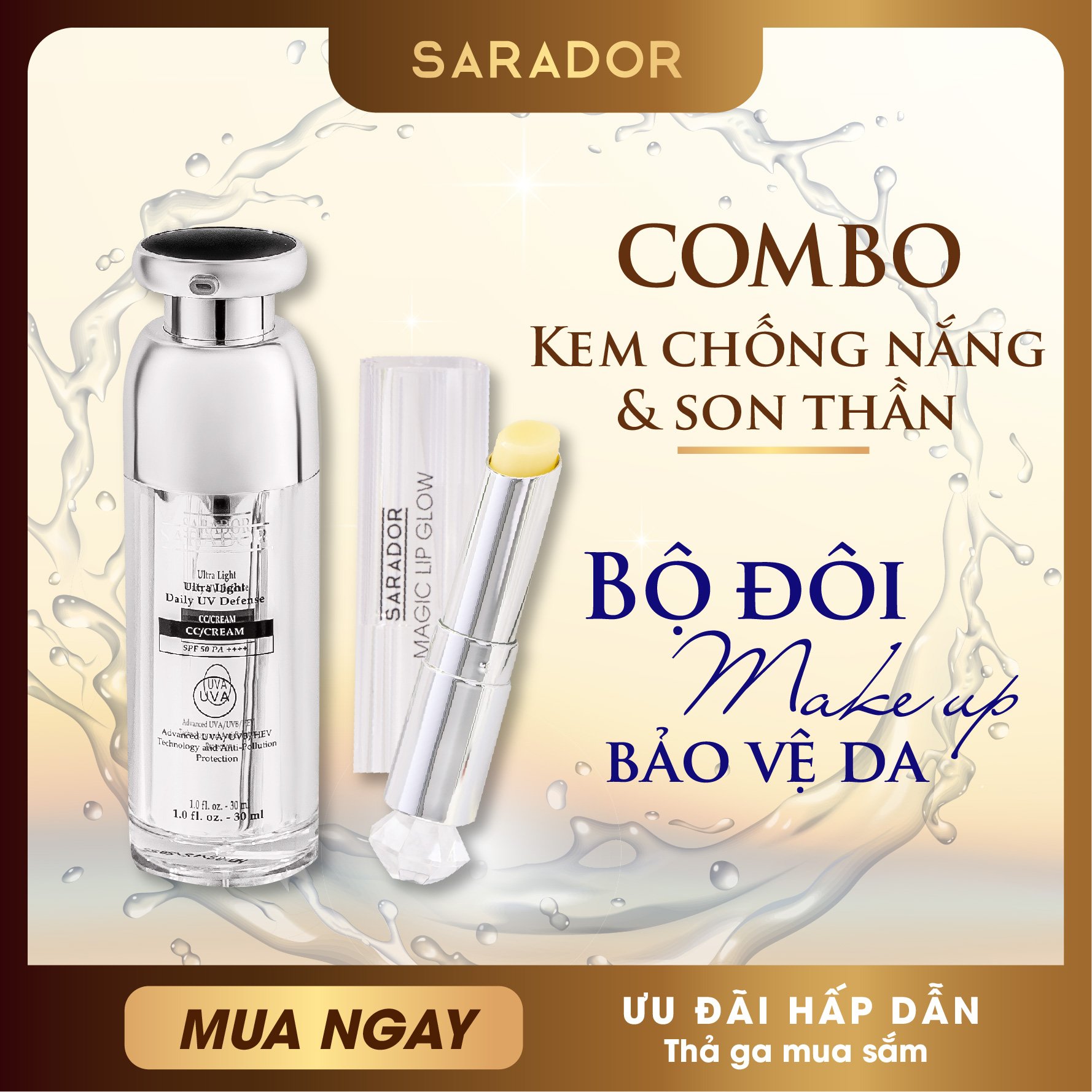 [Freeship] Combo Makeup Kem Chống Nắng CC+Son Thần Dưỡng Môi Có Màu SARADOR Chỉ số chống nắng SPF50PA++++, Nâng Tone, Che Khuyết Điểm Cho Da Mặt, Bổ Sung Dưỡng Chất, Chống UV, HEV, Gió Biển, Gốc Tự Do. Son Thần leen màu theo PH môi