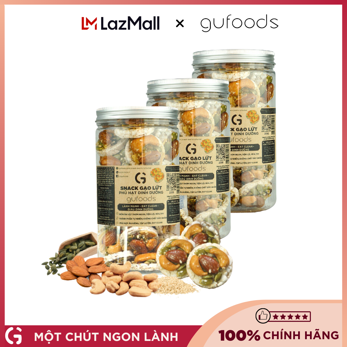 Combo 3 hũ Snack gạo lứt phủ granola ăn kiêng GUfoods (mỗi hũ 200g) - Bữa ăn nhẹ tiện lợi, Ăn vặt healthy, Hỗ trợ giảm cân, Eat clean, Thuần chay
