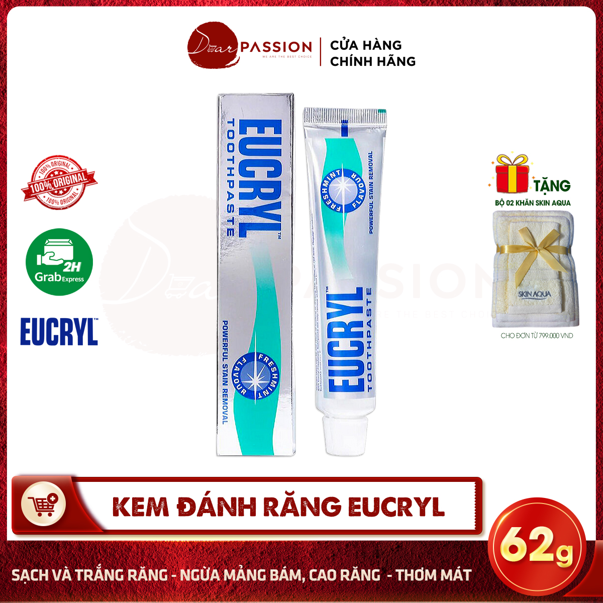 Kem đánh răng eucryl làm trắng răng hương bạc hà 62g tooth paste freshmint chính hãng từ uk
