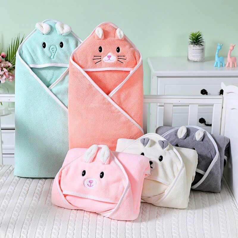 Chăn ủ khăn choàng lông tuyết cao cấp quấn bé sơ sinh mùa đông có mũ hình thú kích thước 80 x80 cm