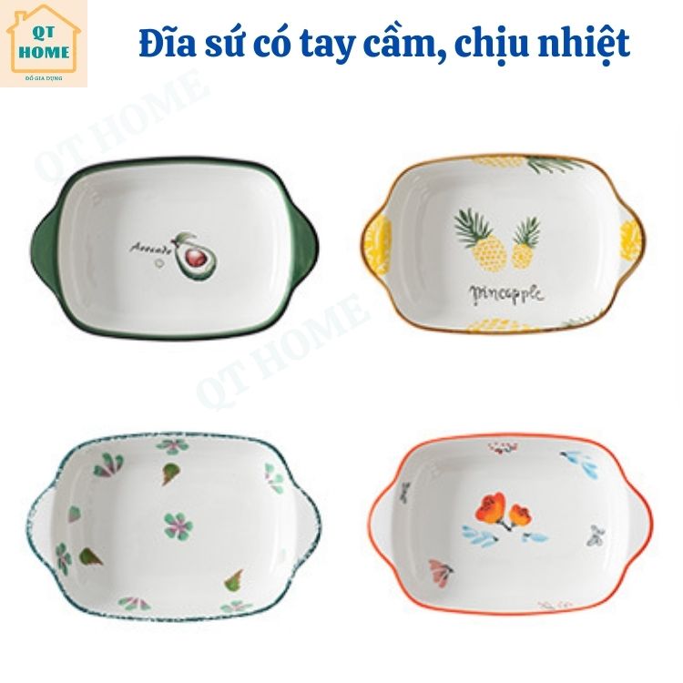 Đĩa Sứ Có Tay Cầm, Dĩa Sứ Sâu Lòng Hình Chữ Nhật, Khay Nướng Sứ Họa Tiết Hoa Lá, Trái Cây