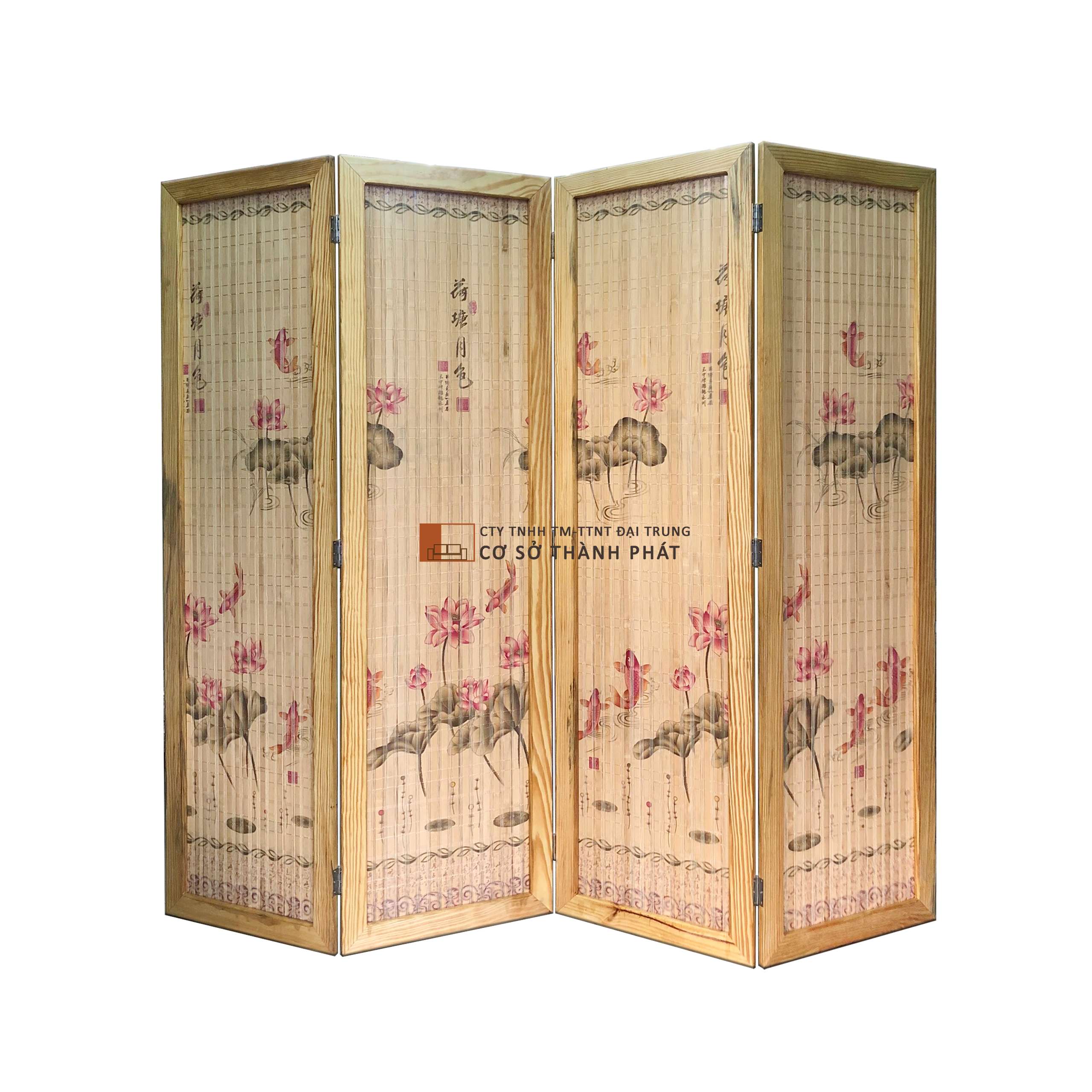 Bình phong tre mẫu cá hoa sen khung gỗ thông sơn bóng 4 cánh 1m75 x 0.5m Đại Trung