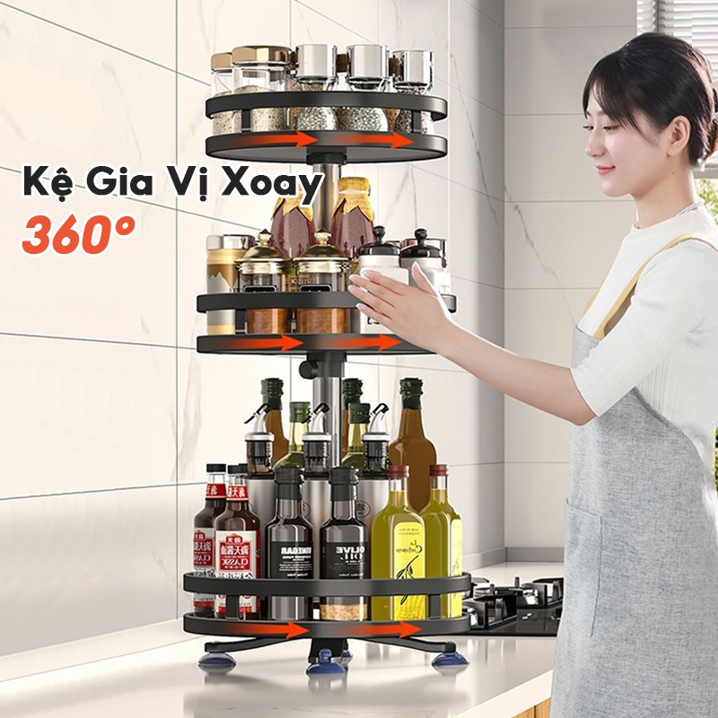 Kệ gia vị xoay 3 tầng inox kệ đựng gia vị nhà bếp xoay 360 độ
