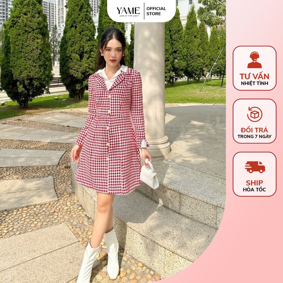 Váy đầm chất dạ tweet 2 lớp yv128 stella caro đỏ mix yame