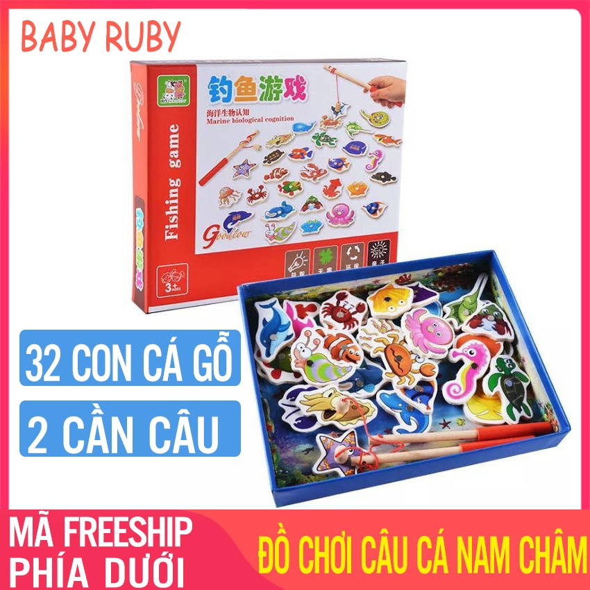 Đồ chơi cho bé câu cá bằng gỗ - 32 con, 2 cần câu, nam châm 3d - đồ chơi câu cá cho bé, đồ chơi câu cá trẻ em, đồ chơi câu cá loại lớn, do choi cau ca tre em, bo do choi cau cá, đồ chơi câu cá nam châm - baby ruby