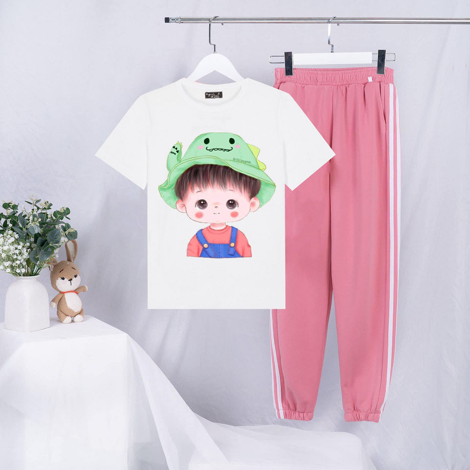 Sét Bộ Đồ Quần Áo Thời Trang Ulzzang Nữ Ngắn Tay Mùa Hè Siêu Xinh Cute Mặc Đi Chơi Dạo Phố, Áo Trắng Cotton In 3D Bé Trai Mũ Khủng Long Quần Thun Sọc Bo Gấu Phong Cách