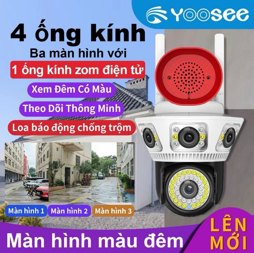 Camera Wifi Yoosee 4 Mắt 3 Màn Hình Camera Yoosee 360 Độ Độ Phân Giải Cao 12Mpx Hình Ảnh Siêu Nét Có Còi Báo Động Chống Trộm Xem Đêm Có Màu Camera Ngoài Trời Chống Nước Kết Nối Điện Thoại Giám Sát Từ Xa Qua Điện Thoại Hỗ Trợ Lưu Thẻ Nhớ 128GB Tối Đa