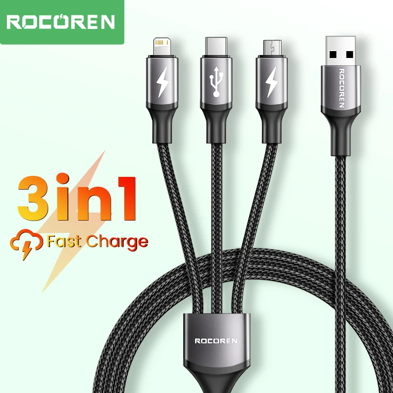 Rocoren 3 trong 1 loại usb c cáp cho iphone 15 14 13 pro max usb sạc nhanh sạc dây cáp cho xiaomi samsung micro dây dữ liệu
