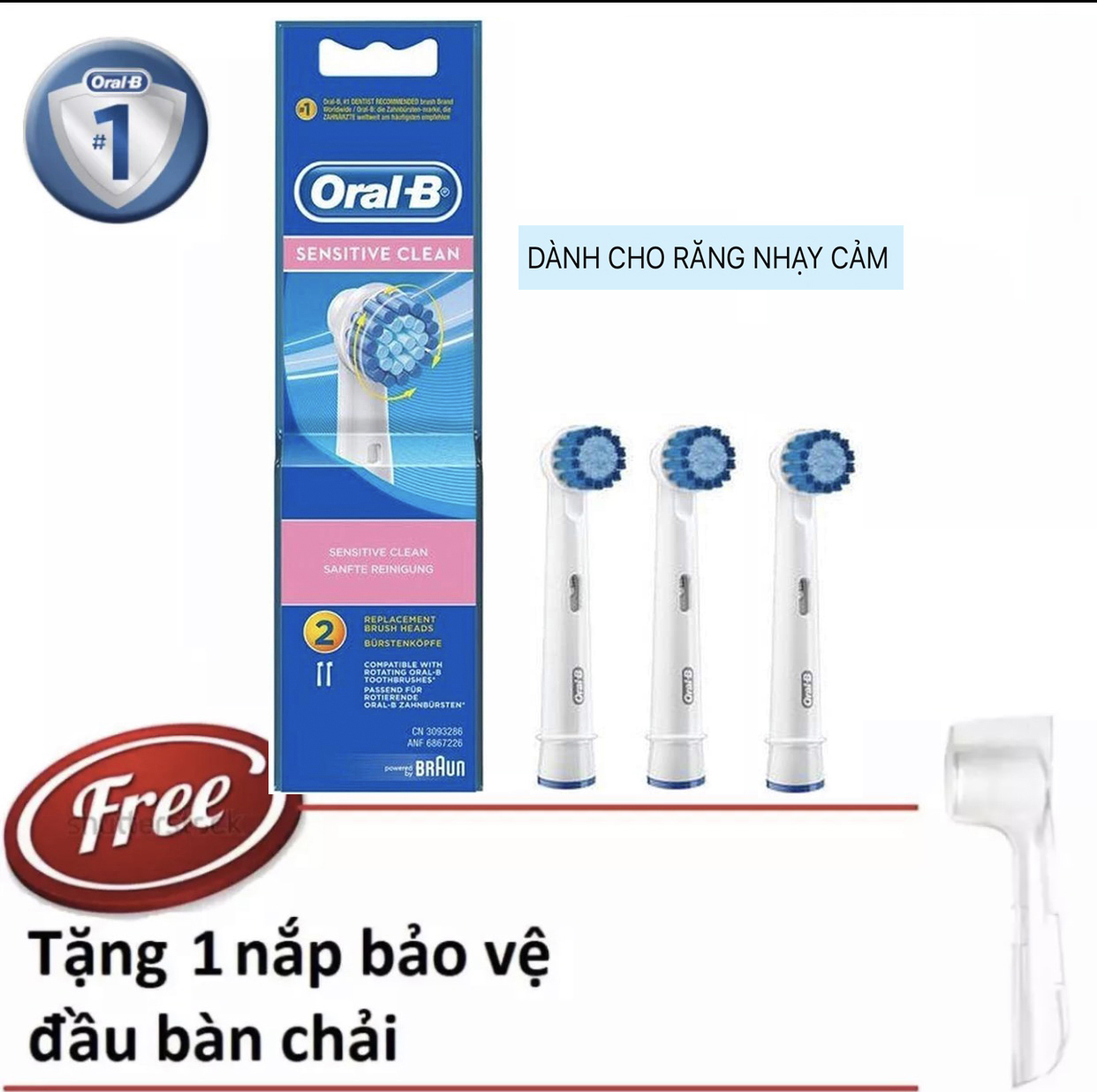 [HCM]Bộ 3 đầu bàn chải Oral-B Sensitive dành cho răng nhạy cảm (made in Germany) +1 nắp chụp đầu bàn chải