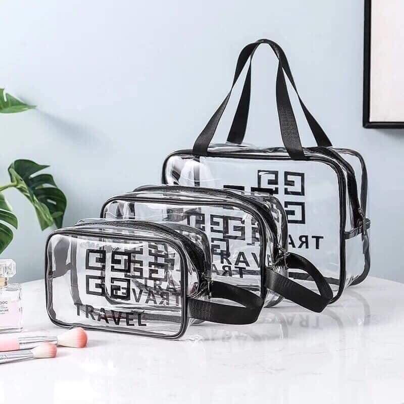 Sét 3 túi ví cầm tay bằng nhựa trong suốt đủ cỡ đa năng, tiện dụng khi đi biển, du lịch, công tác, Set 3 tui/ vi cam tay bang nhua trong suot du co da nang, tien dung