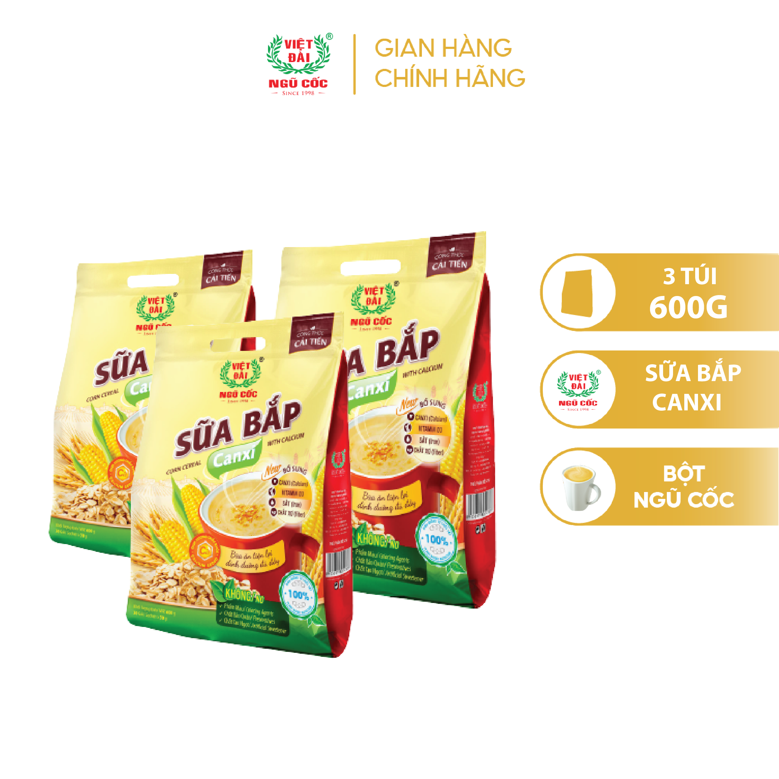 Combo 3 Bột Ngũ Cốc Sữa Bắp Canxi VIỆT ĐÀI Túi 600g Bổ Sung Canxi Giúp Xương Chắc Khỏe