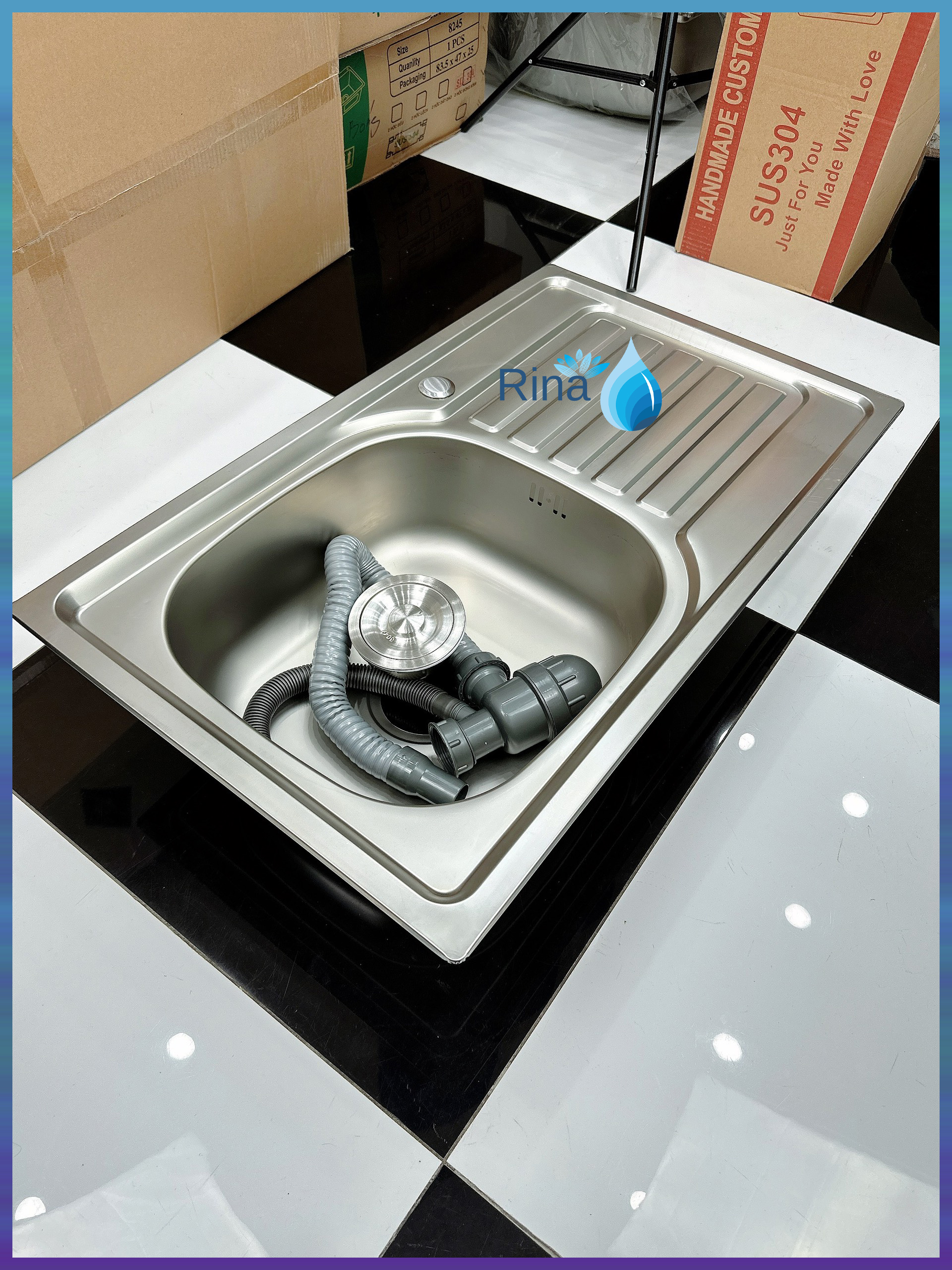 Bồn rửa chén bát inox 1 hộc 1 cánh rina c08 kt 75x45cm chậu rửa chén inox 1 hố kèm vòi rửa chén lạnh và bộ xả chống hôi