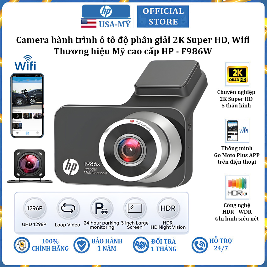 Camera hành trình ô tô độ phân giải 2k super hd, wifi thương hiệu hp f986w - màn hình 3 inch ips