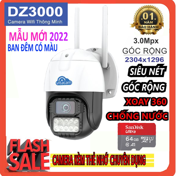 [Freeship] Camera Ngoài Trời VITACAM DZ3000 Xoay 360° Siêu nét 3.0 Mpx Chống Nước- Ban Đêm Có Màu- Báo Động Chống Trộm- Chính hãng - BH 24 Tháng