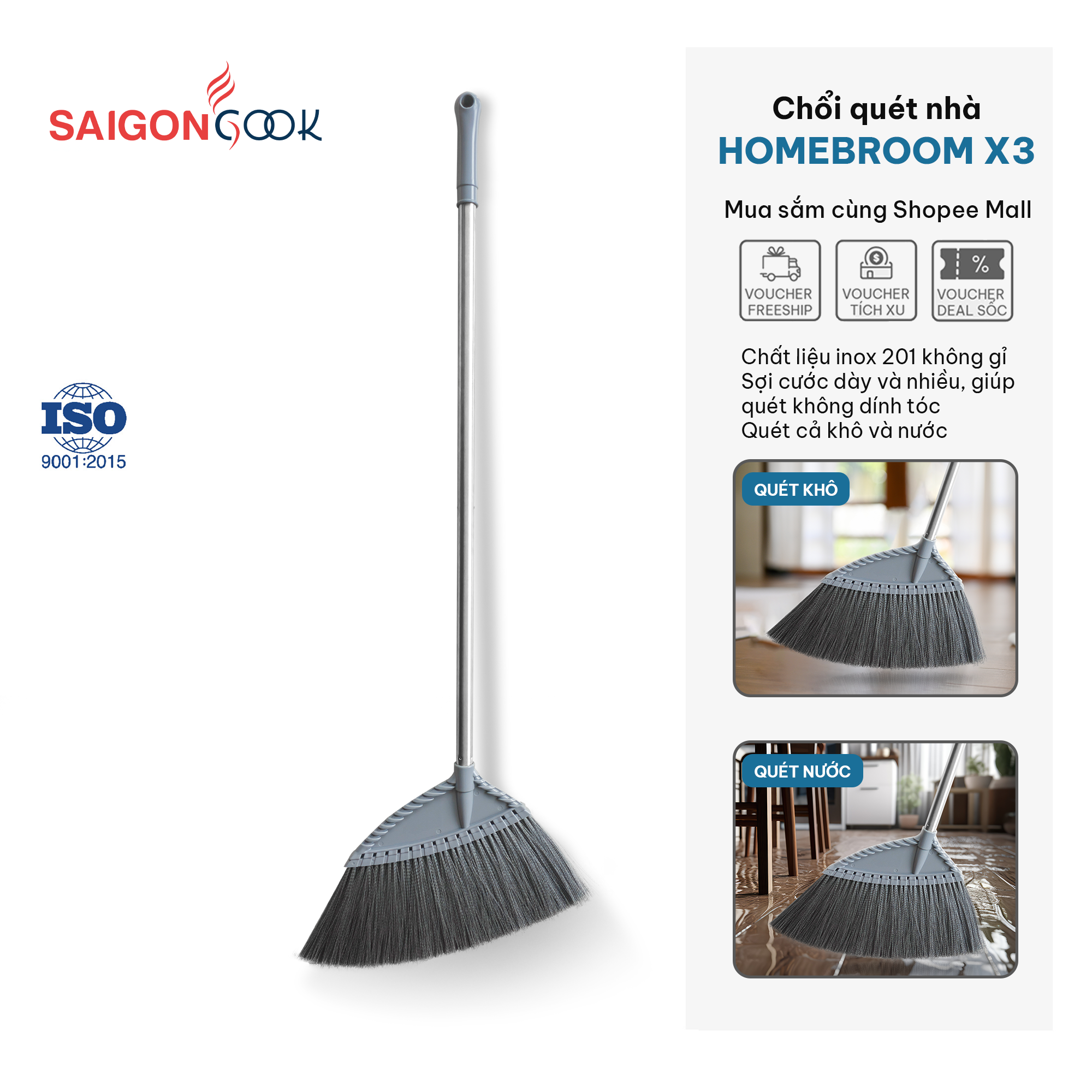 Chổi quét Homebroom X3 Megahome, Chổi nhựa cán Inox, Cước chổi mềm mại quét nhà siêu tiện lợi